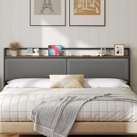 King Size Headboard Only, Upholstered King Headboard with Charging Station, Head Board with Open Storage, Height Adjustable, Vintage Style, Sturdy and Stable, Rustic Brown, Gray and Black