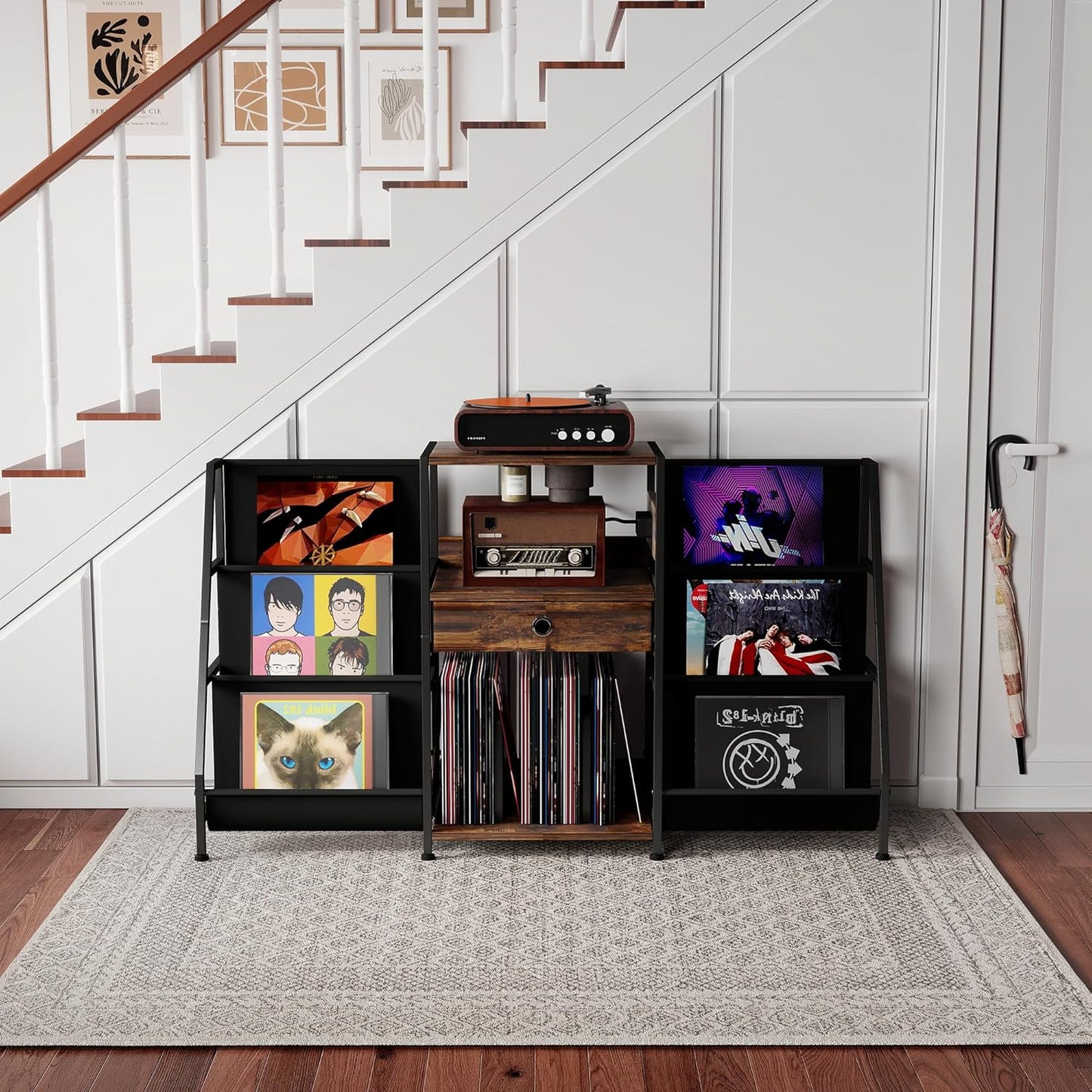 Record Player Stand, Turntable Stand W/Drawer, Oxford Cloth Vinyl Storage, 8 Adjustable Foot Pads for Stability, Record Player Table End Table for Living Room Bedroom Stereo