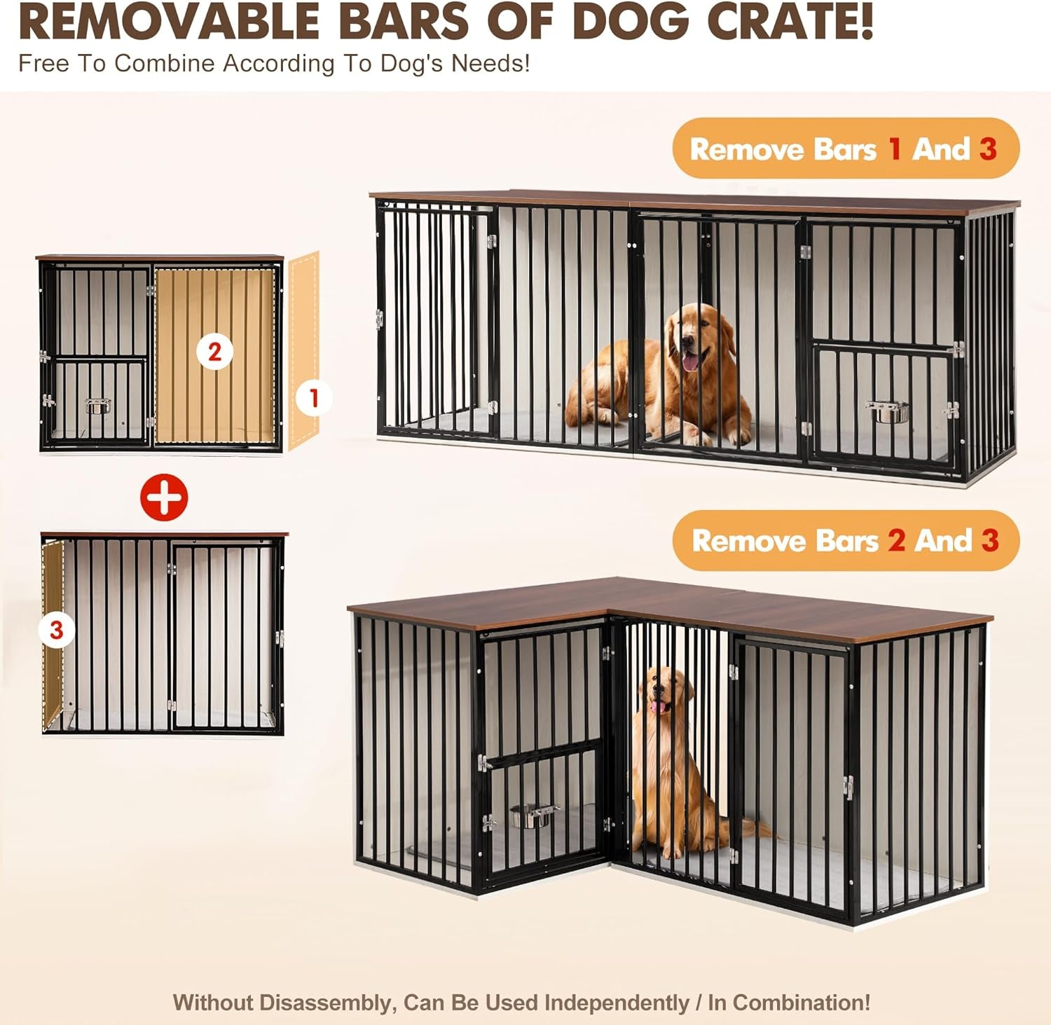 2 Dogs 60"-80" Double Crate Furniture for Large Medium Dogs, Heavy Duty Indoor Dog Kennel TV Stand with Dividers, Double-Room Indoor Dog House with Removable Trays (Black)