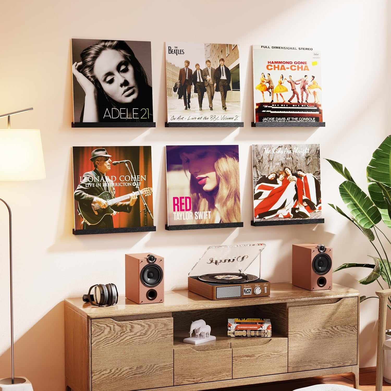 Vinyl Record Shelf Wall Mount, 6 Pack Album Record Holder Wall, 12 Inch Vinyl Record Storage Shelves Wall, Wood Record Display for Living Room(Black)