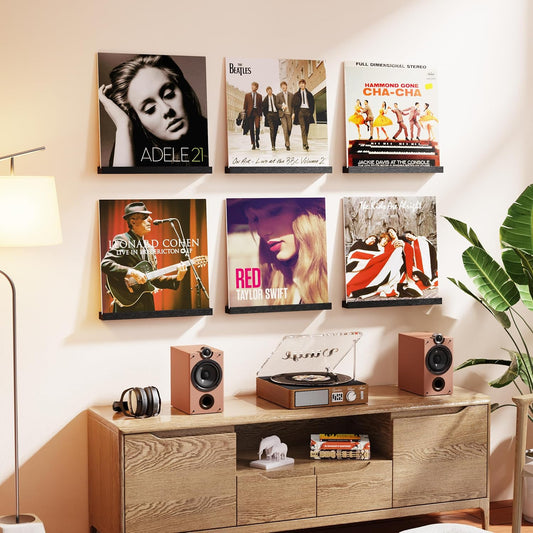Vinyl Record Shelf Wall Mount, 6 Pack Album Record Holder Wall, 12 Inch Vinyl Record Storage Shelves Wall, Wood Record Display for Living Room(Black)