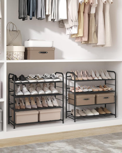 Stackable Shoe Rack, 4 Tier Metal Shoes Rack Storage Shelf, Holds up to 20 Pairs Shoes, Adjustable Slanted Shelves Shoe Tower Organizer for Closet Entryway Small Spaces, Black