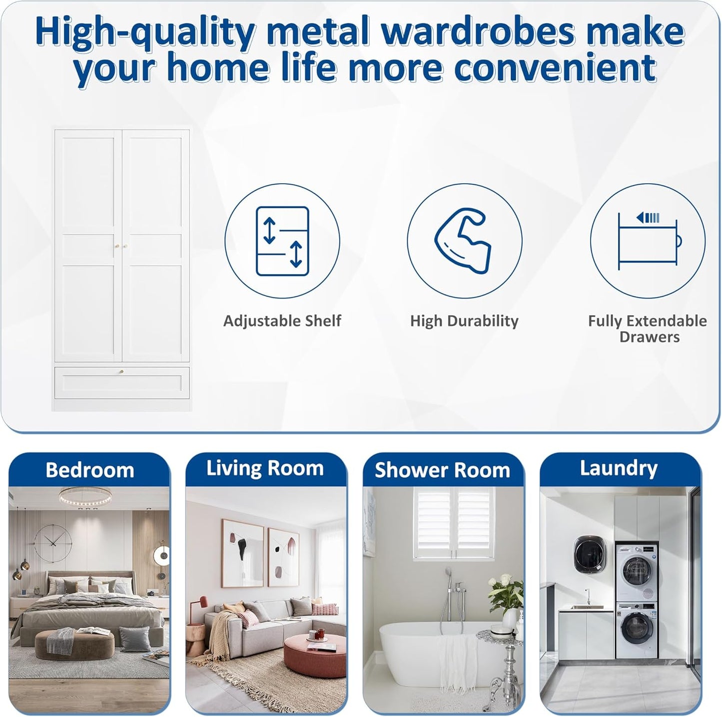 Metal Armoire Wardrobe Closet with 2 Doors 72'' Wardrobe Cabinet with Drawers and Hanging Rail Metal Closet with Adjustable Shelves for Bedroom. (White, with 1Drawer)