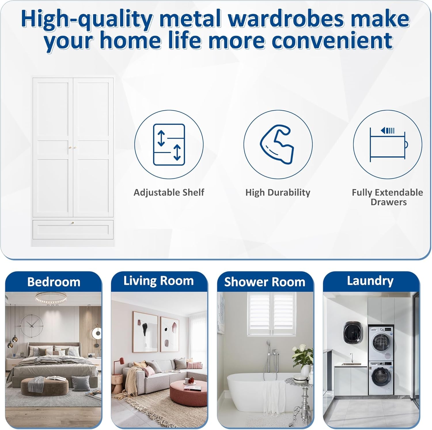 Metal Armoire Wardrobe Closet with 2 Doors 72'' Wardrobe Cabinet with Drawers and Hanging Rail Metal Closet with Adjustable Shelves for Bedroom. (White, with 1Drawer)