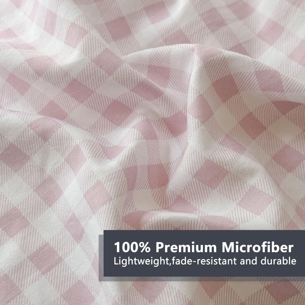 Pink Gingham Ruffle Queen Sheet Set, Pink Soft Pre-Washed Microfiber Plaid Queen Bed Sheets, 4-Pieces Farmhouse Sheet Set with Deep Pocket