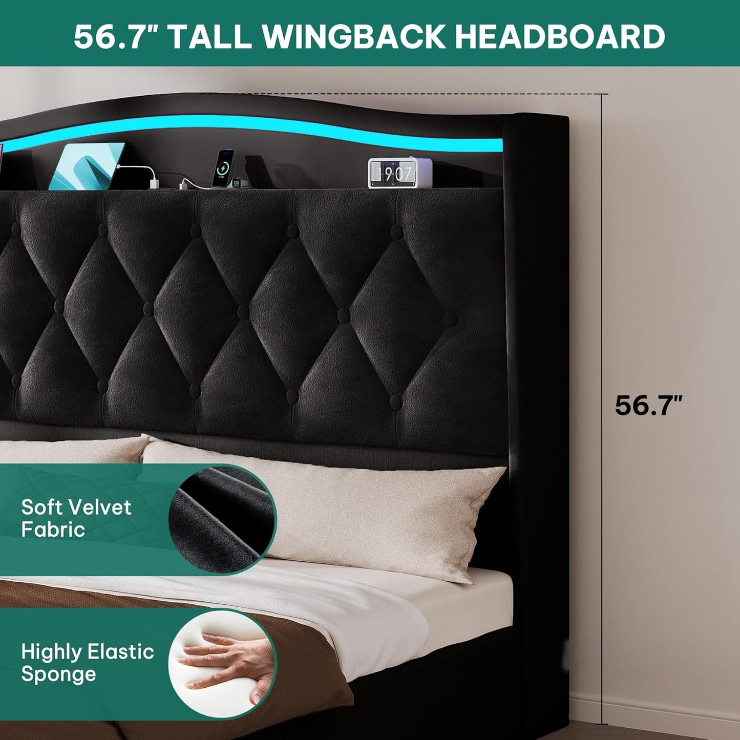 Queen Size Bed Frame with 4 Storage Drawers and RGB LED Lights, 57'' Tall Headboard Velvet Upholstered Bed with Charging Station, No Box Spring Needed, Easy Assembly, Noise-Free, Black