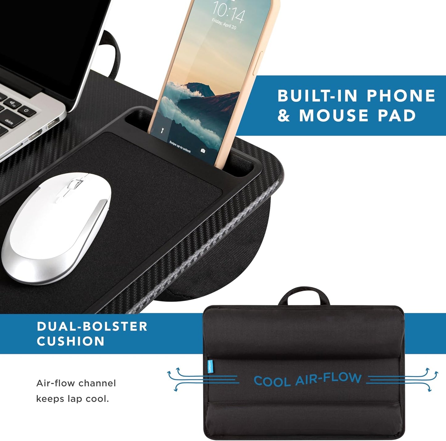 Home Office Pro Lap Desk with Wrist Rest, Mouse Pad, and Phone Holder - Black Carbon - Fits up to 15.6 Inch Laptops - Style No. 91598