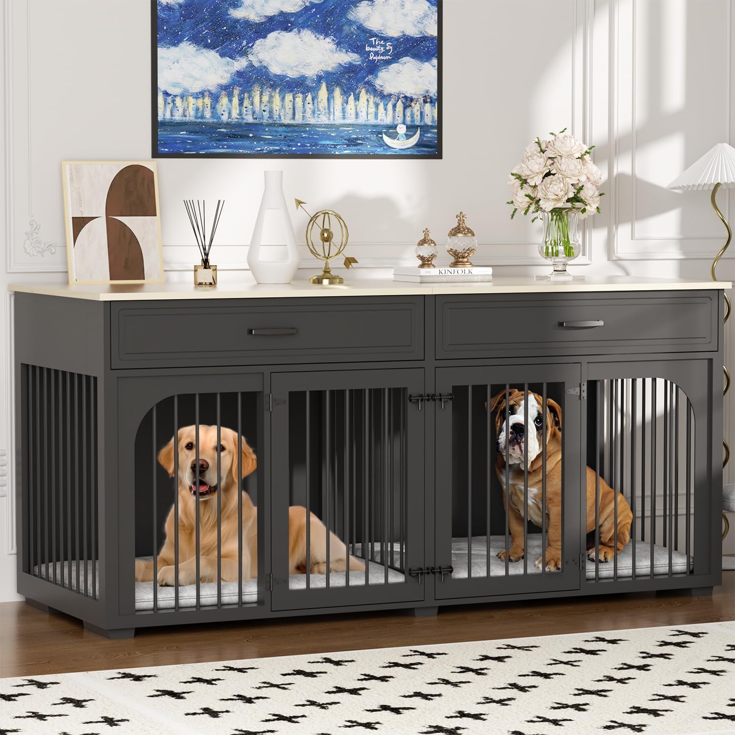 74.8'' Dog Crate Furniture, Wooden Dog Crate with 2 Drawers and Removable Divider, Heavy Duty Dog Kennel Indoor TV Stand for Small Large Medium Dogs, White