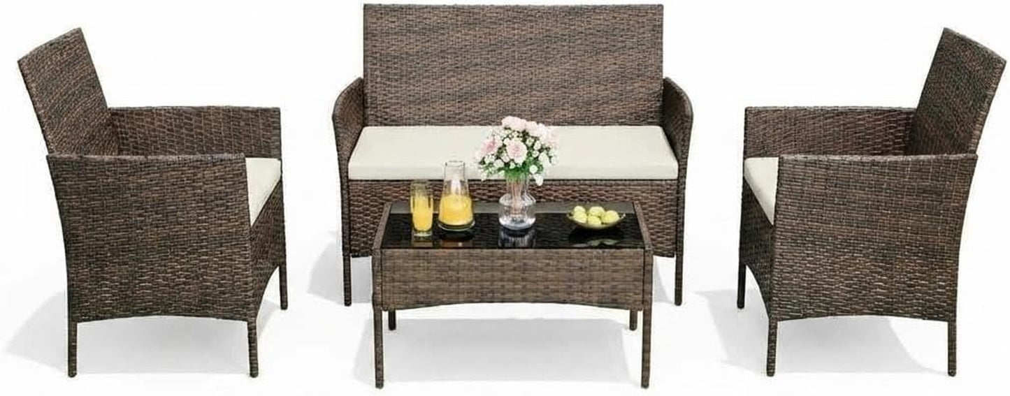4 Piece Outdoor Patio Furniture Set, All-Weather Wicker Rattan Patio Set with Cushions, Loveseat, Chairs & Coffee Table, Outdoor Furniture for Porch, Backyard & Balcony, Brown