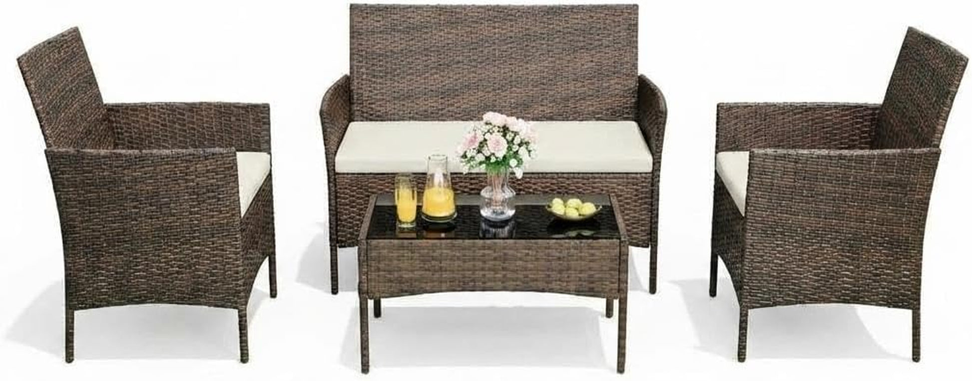 4 Piece Outdoor Patio Furniture Set, All-Weather Wicker Rattan Patio Set with Cushions, Loveseat, Chairs & Coffee Table, Outdoor Furniture for Porch, Backyard & Balcony, Brown