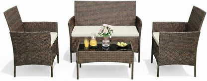 4 Piece Outdoor Patio Furniture Set, All-Weather Wicker Rattan Patio Set with Cushions, Loveseat, Chairs & Coffee Table, Outdoor Furniture for Porch, Backyard & Balcony, Brown