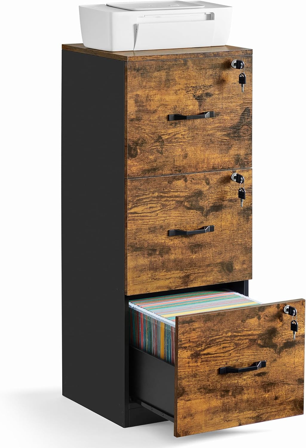 1 Drawer File Cabinet with Lock, Printer Stand, Office Filing Cabinet Organizer, for A4 and Letter Size Documents, Rustic Brown and Black UOFC044B01