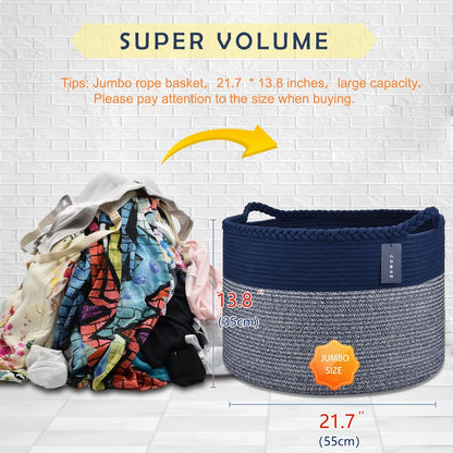 Extra Large Blanket Basket, Woven Laundry Basket, 21.7”X 13.8”, Nursery Hamper, Cotton Rope Laundry Hamper Living Room for Storage Toys Clothes Towels (Navy Blue)