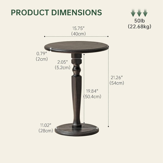 100% Solid Oak round Pedestal Side Table for Living Rooms, Small Drink Tables for Small Spaces, Tall End Table for Bedroom, Corners, and Nursery (Black, 15.75" D X 21.26" H)