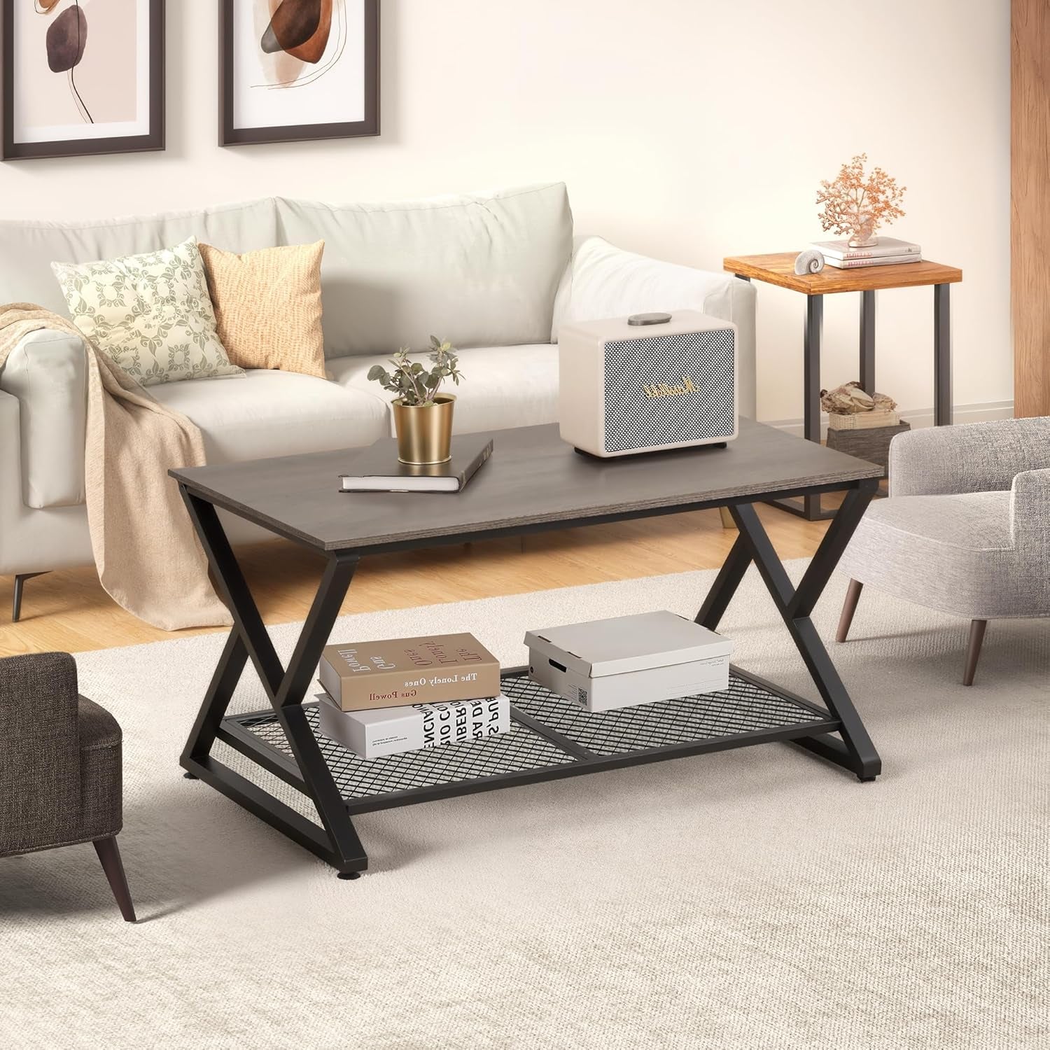 Coffee Table with Storage Shelf, Industrial Metal Wood Living Room Tables, Rectangle Center Table 39 Inch, Vintage Simple 2 Tier Cocktail Table, Grey