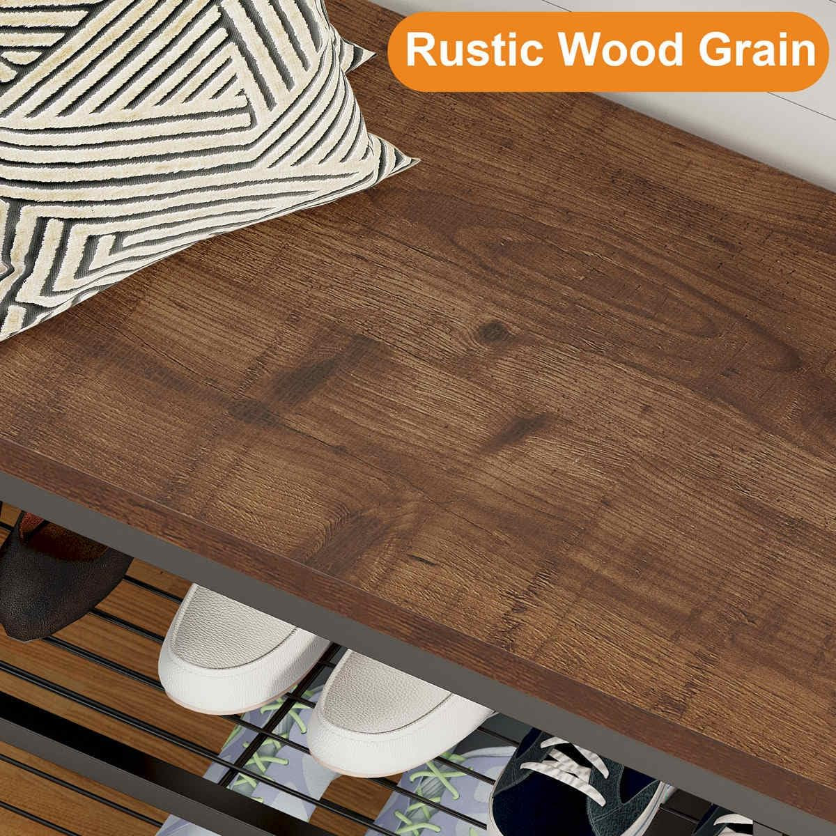 Hall Tree with Shoe Storage, 5-In-1 Reversible Entryway Bench with Coat Hooks for Hallway, Rustic Wood and Metal Coat Rack with Shelves for Mudroom (Rustic Oak)