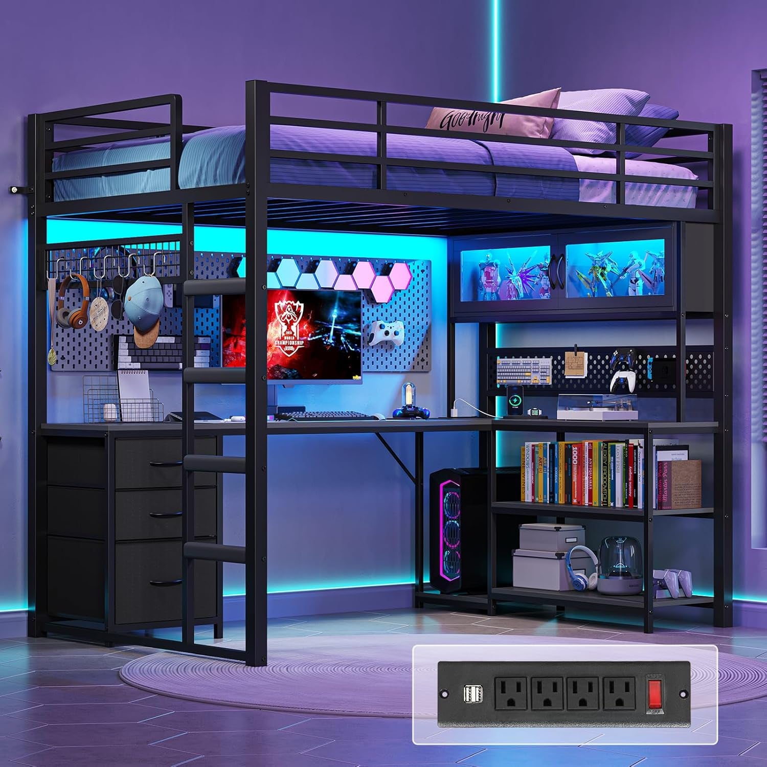 Twin Size Loft Bed with L-Shaped Gaming Desk, Storage Drawers & Hutch, Expanded Safety Power Outlet, Metal Loft Bed Frame with RGB Lights, Space Saving for Teens, Black
