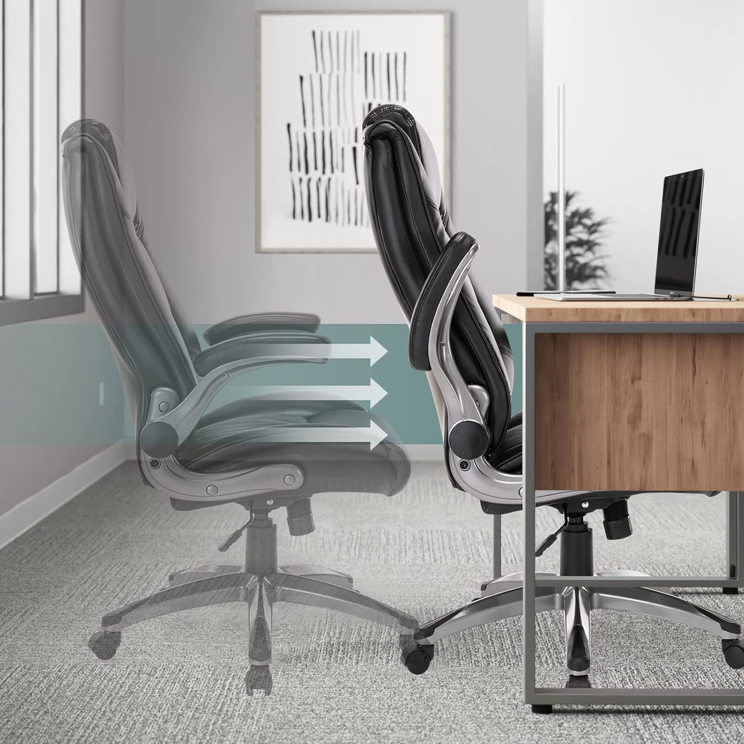 Leather Executive Office Chair - High Back Home Computer Desk Chair with Padded Flip-Up Arms, Adjustable Tilt Lock, Swivel Rolling Ergonomic Chair for Adult Working Study, Black