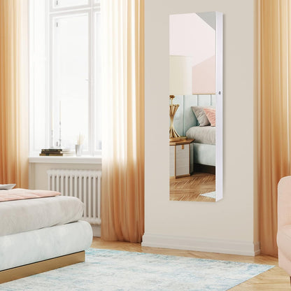 Wall Mounted Jewelry Armoire with Full Length Mirror & 2 LED Lights, Large Storage Capacity, Lockable Mirror Jewelry Cabinet for Women Girls (White)