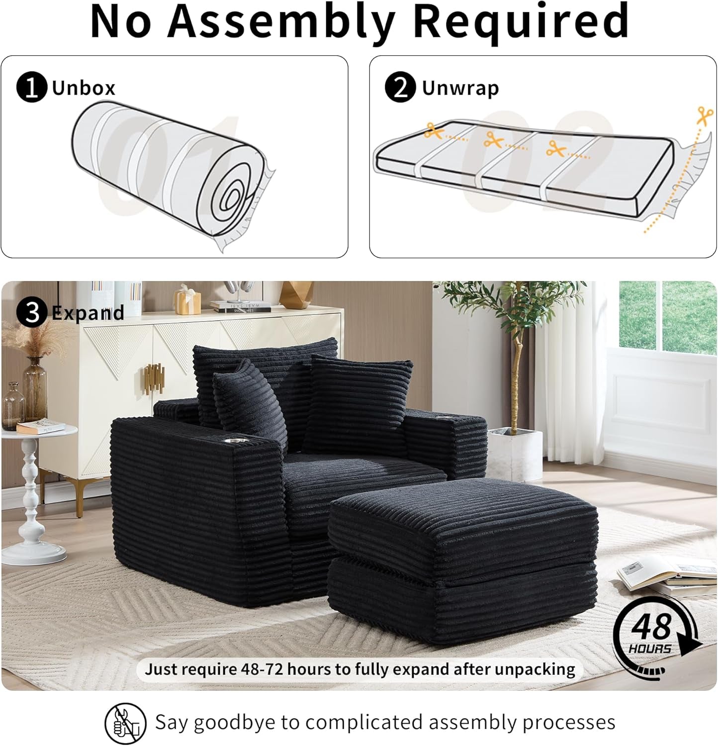 Boneless Chaise Lounge Chair Indoor, All-Foam Convertible Lounge Chair with No Frame, Wide Reclining Floor Lounger for Reading, Napping & Relaxation, No Assembly Needed (Black)