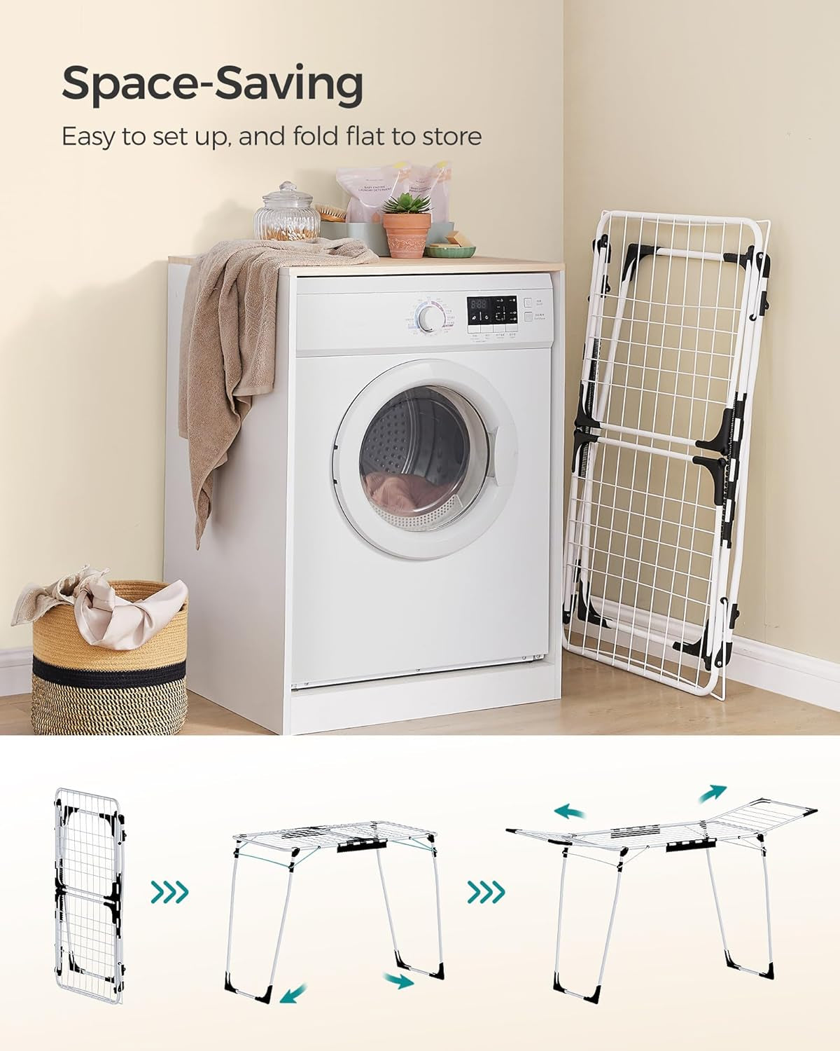 Clothes Drying Rack Foldable, Gullwing Laundry Drying Rack, Space-Saving, 22.2 X 68.1 X 38 Inches, Sock Clips, Metal Structure, for Clothes, Towels, Linens, Indoor, Outdoor White ULLR518W01