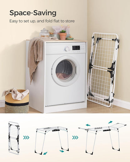 Clothes Drying Rack Foldable, Gullwing Laundry Drying Rack, Space-Saving, 22.2 X 68.1 X 38 Inches, Sock Clips, Metal Structure, for Clothes, Towels, Linens, Indoor, Outdoor White ULLR518W01