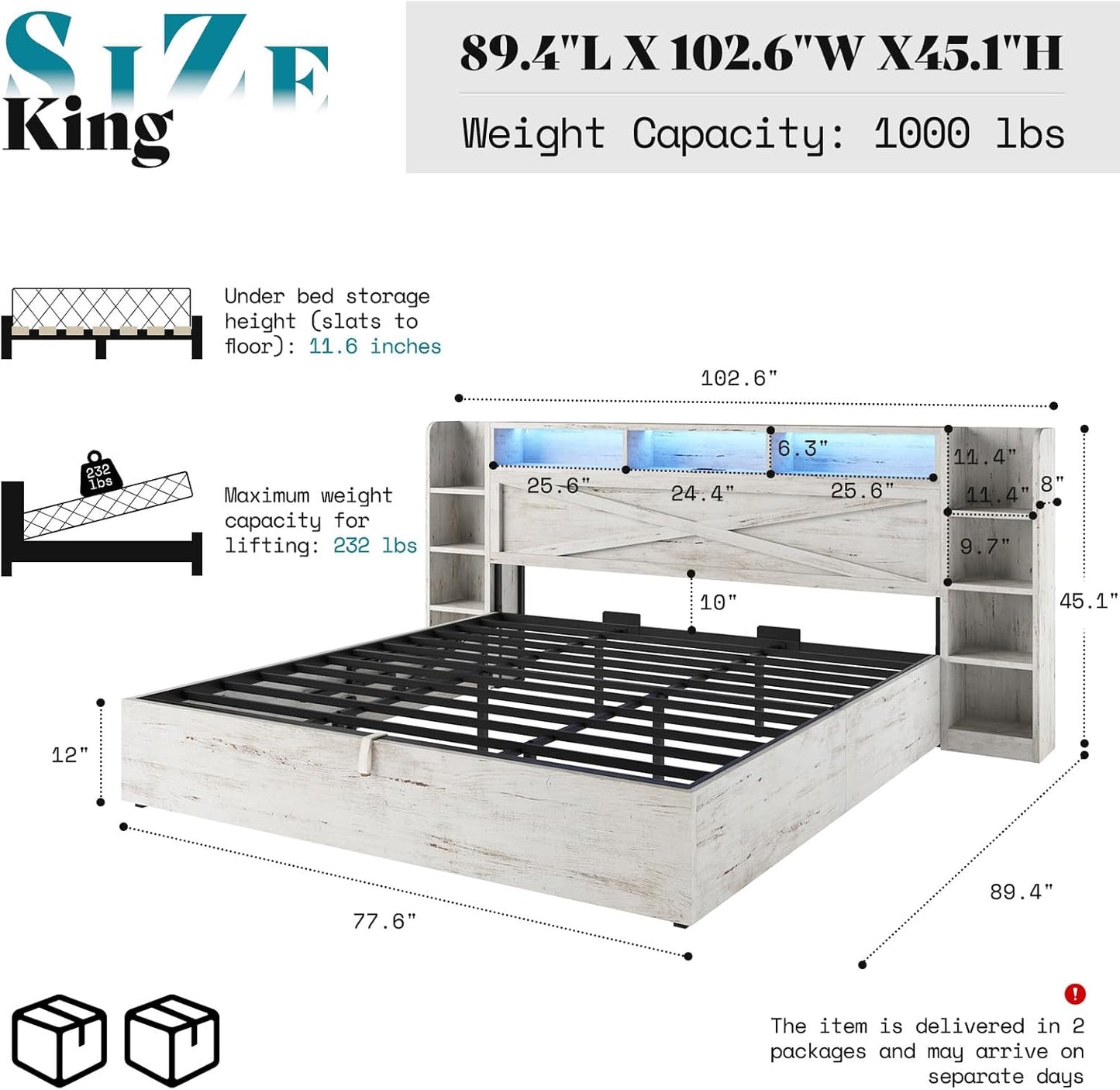 King Size Lift up Storage Bed Frame, 45.1" LED Bed Frame with 2 Side Shelves & Bookcase Headboard, Farmhouse Wood Platform Bed with Charging Station, No Box Spring Needed, Distressed White