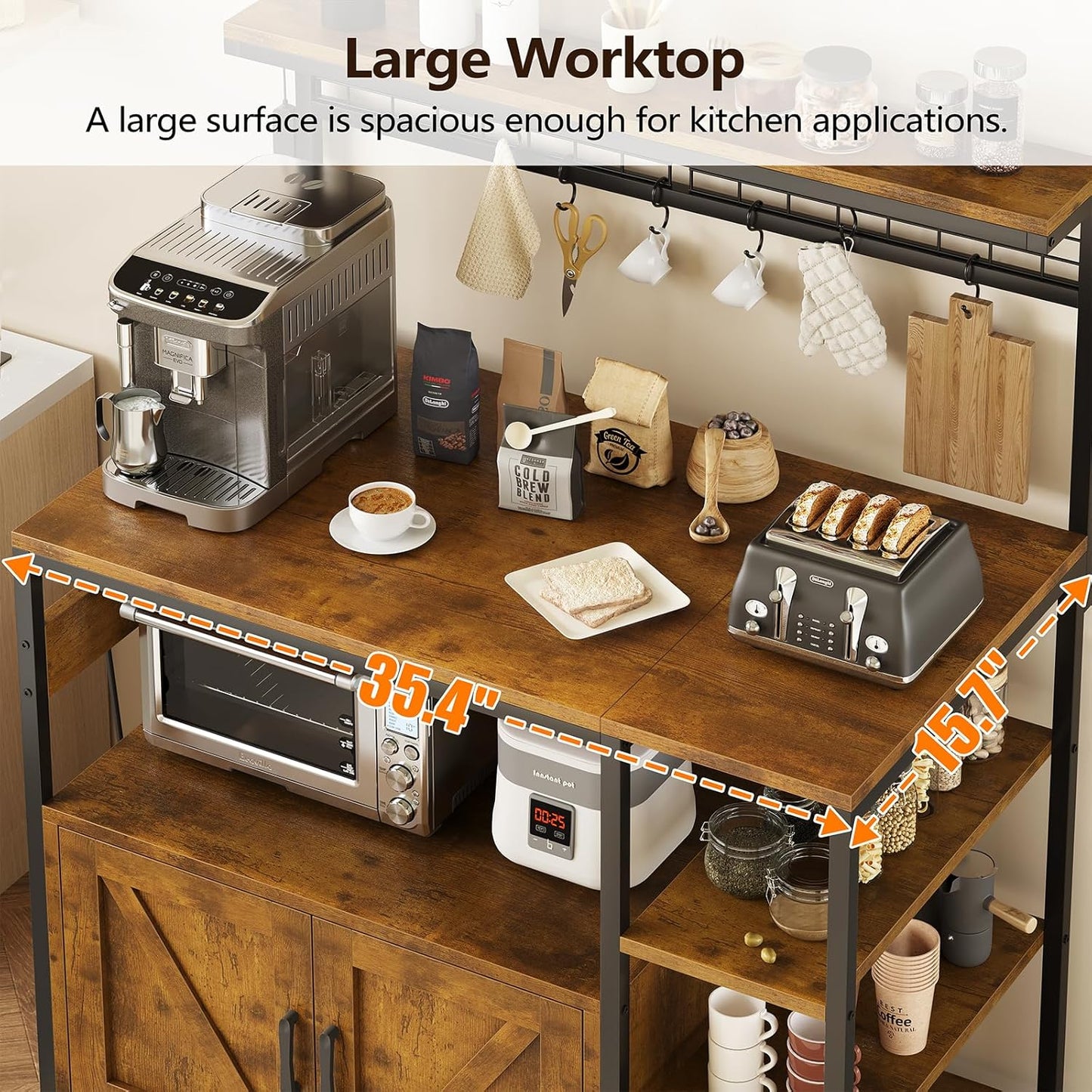 Bakers Rack with Power Outlet and LED Light, Microwave Stand with Storage Cabinet, Coffee Bar Cabinet Station with 6 Hooks for Kitchen, Dining Room, Living Room, Coffee Bar, Rustic Brown, Black