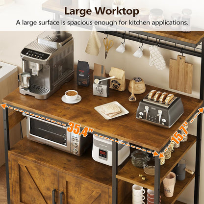Bakers Rack with Power Outlet and LED Light, Microwave Stand with Storage Cabinet, Coffee Bar Cabinet Station with 6 Hooks for Kitchen, Dining Room, Living Room, Coffee Bar, Rustic Brown, Black