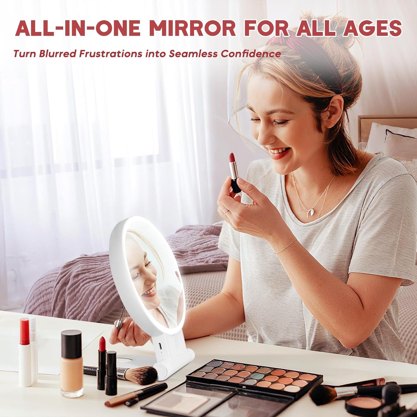 1X/30X Magnifying Mirror with Light and Adjustable Brightness, Makeup Mirror with 360° Rotation Adjustable Folding Handle, Portable Rechargeable Double Sided Mirrors, Foldable Vanity Mirror (White)