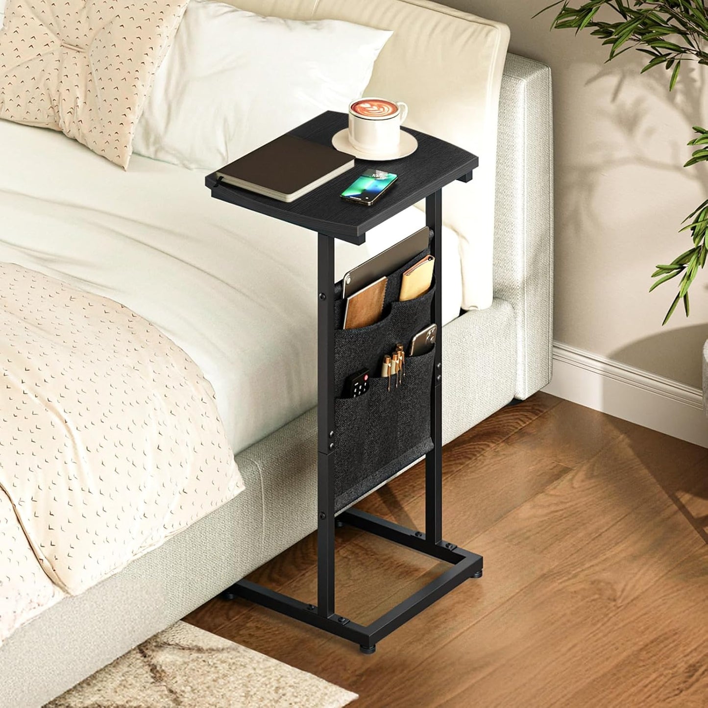C Shaped End Table, 28.3" Side Table for Small Spaces, Couch Table with Storage Bag, Slide under Sofa Side Table, for Living Room, Bedroom, Black BB40SF01