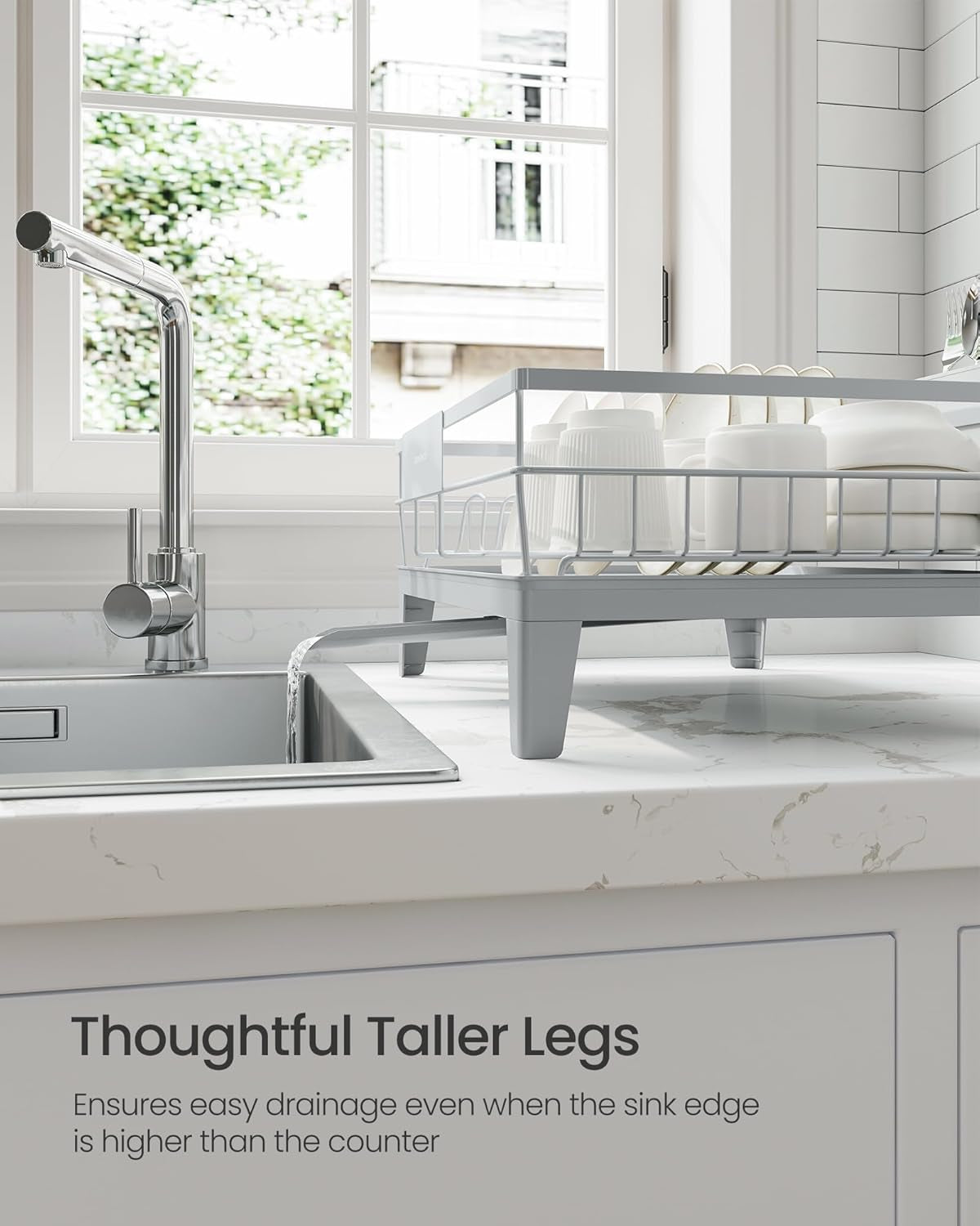 Dish Drying Rack, Kitchen Dish Rack, with Drainboard, 360° Rotatable and Extendable Spout, with Cutlery Holder, 12.2 X 16.5 X 7.3 Inches, Dove Gray UKCS550G01