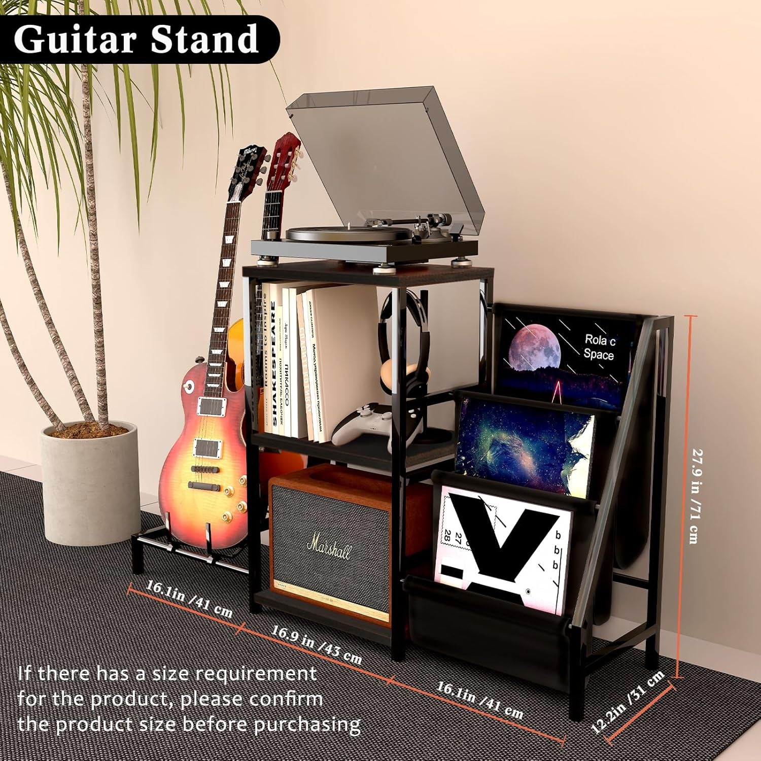 Guitar Stand & Record Player Table - 3-Tier Vinyl Record Storage for Acoustic, Electric Guitar, Bass, Speaker, Amp
