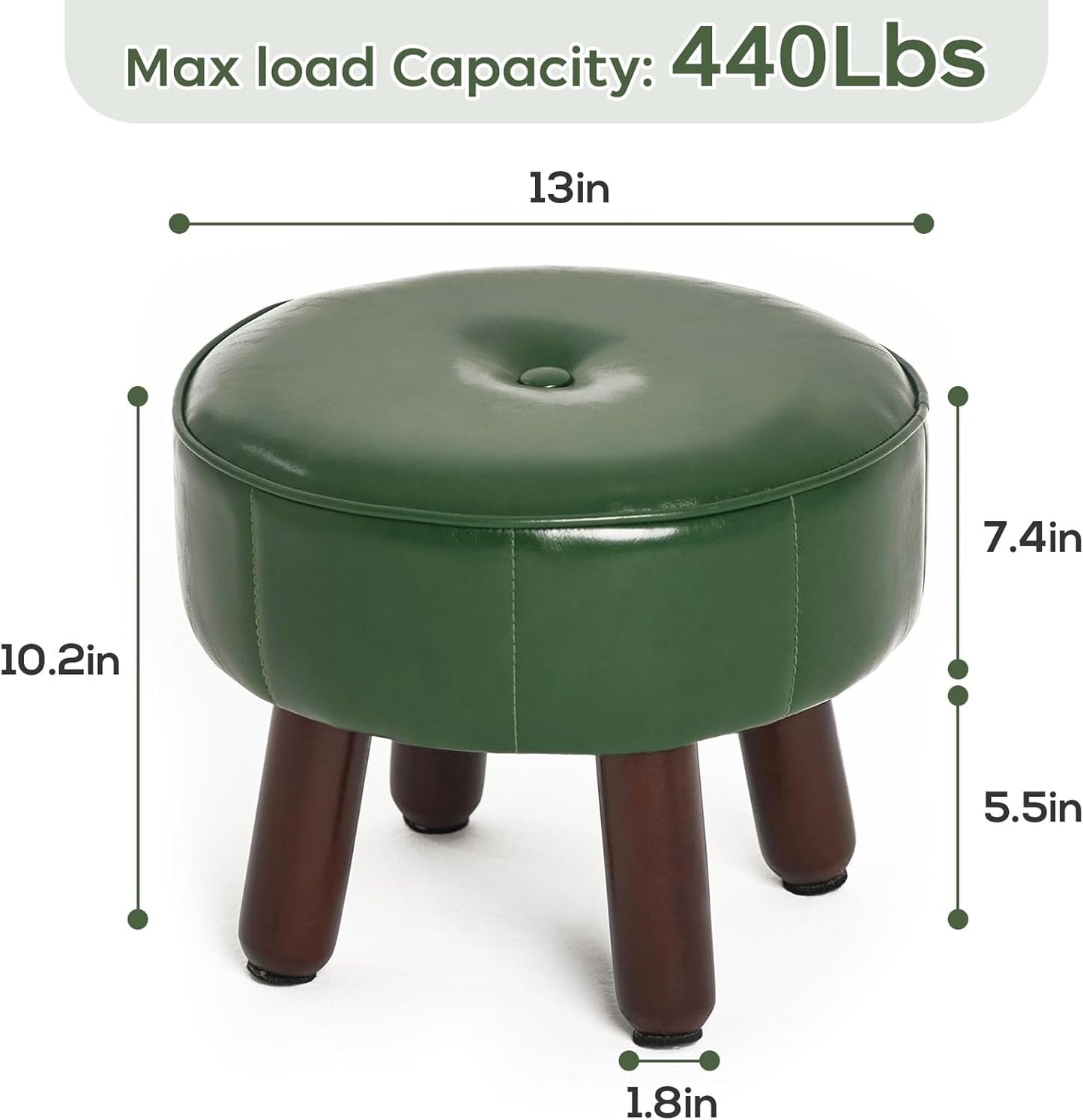 13In Small Foot Stool Ottoman, round Faux Leather Foot Rest for Couch, under Desk Pouf Footstool Footrest with Non-Skid Rubber Legs for Ling Room, Bedroom, 13''L X 13''W X 10.2''H, Green
