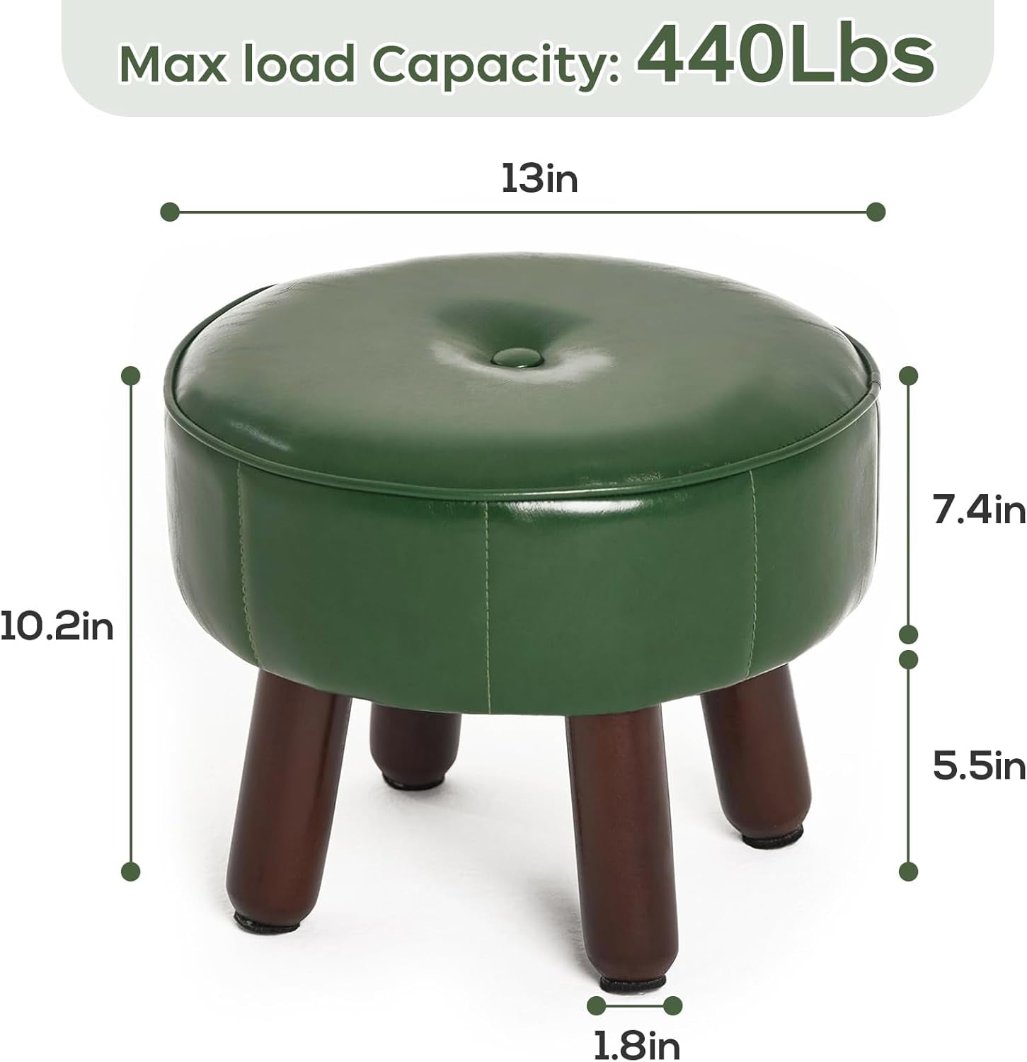 13In Small Foot Stool Ottoman, round Faux Leather Foot Rest for Couch, under Desk Pouf Footstool Footrest with Non-Skid Rubber Legs for Ling Room, Bedroom, 13''L X 13''W X 10.2''H, Green