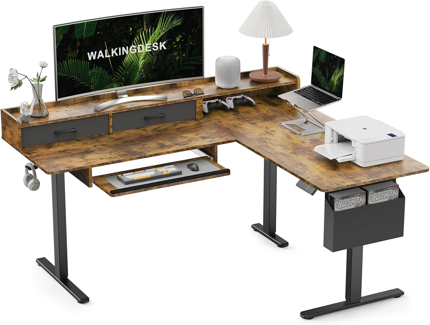 63 Inches Height Adjustable L Shaped Standing Desk with 2 Drawers and Keyboard Tray, Electric Sit to Stand Home Office Comupter Table, Ergonomic Corner Gaming Desk, Rustic Brown