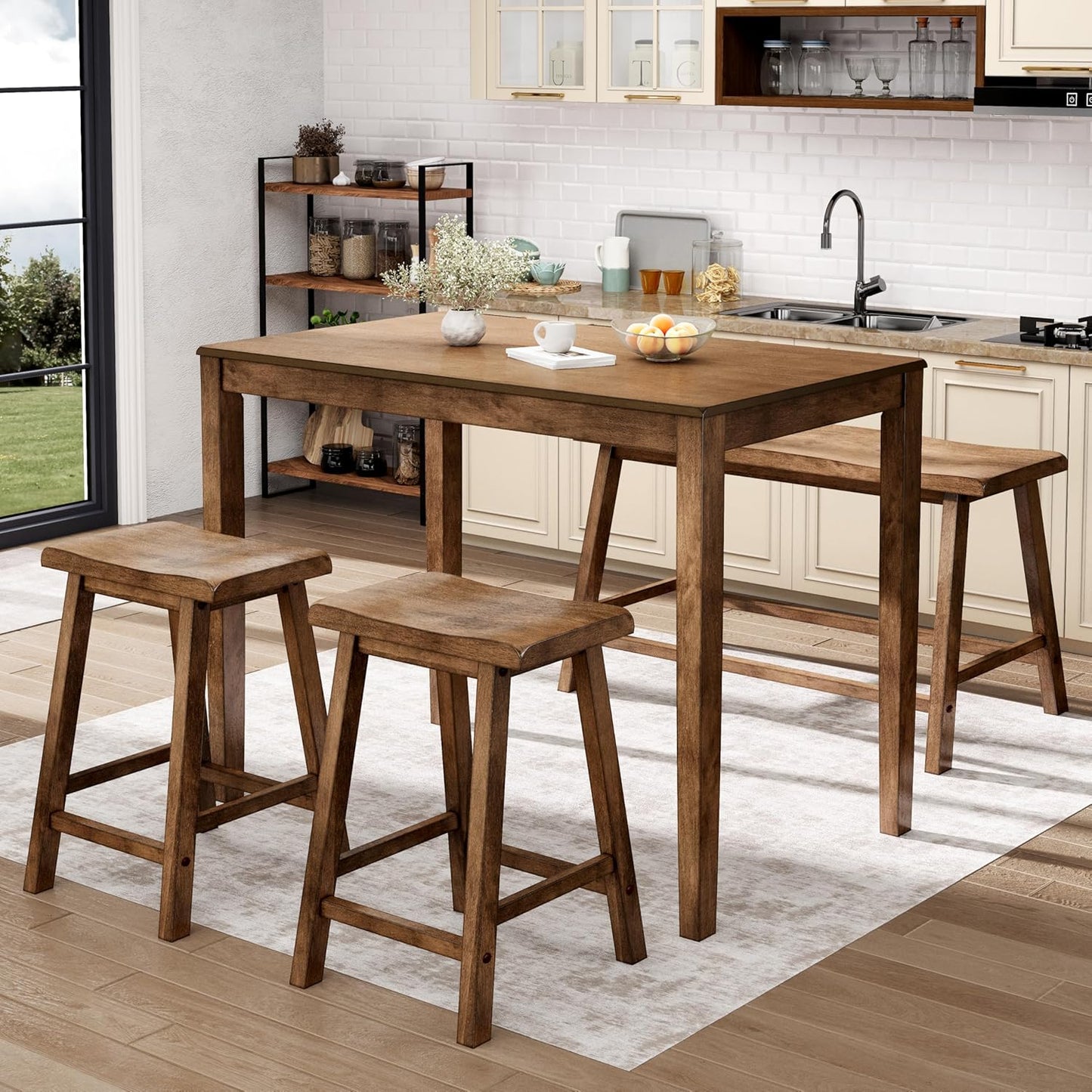 Dining Table Set for 4, Counter Height Table and Chairs, Kitchen Table Set with Bench and 2 Chairs, Small Breakfast Bar Dining Set, Rustic Caramel
