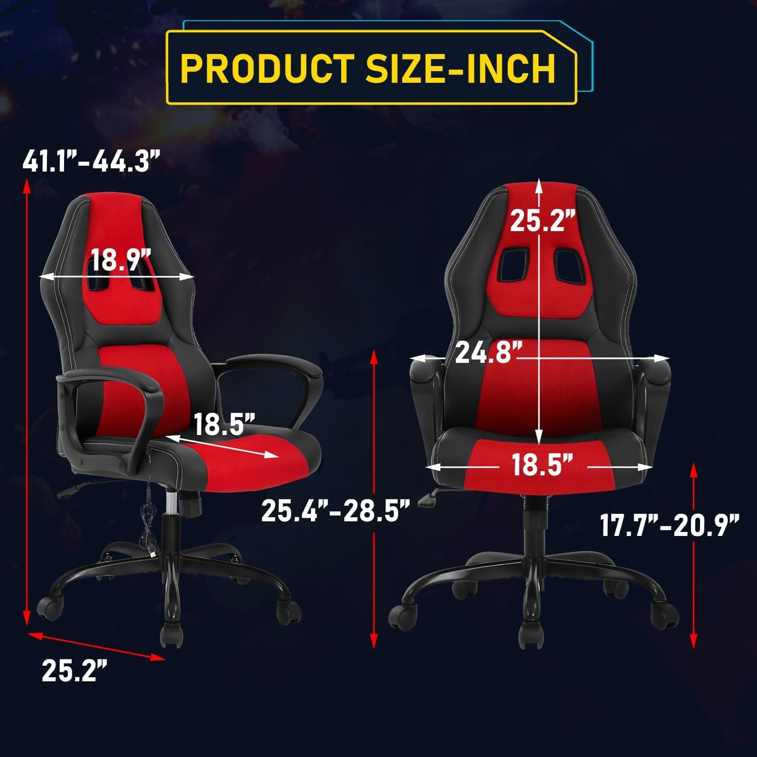 Video Game Chair, Gaming Chair Adjustable Swivel Office Chairs, Ergonomic Pu Leather PC Computer Chairs with Massage Lumbar Support 300Lbs Weight Capacity(Red)