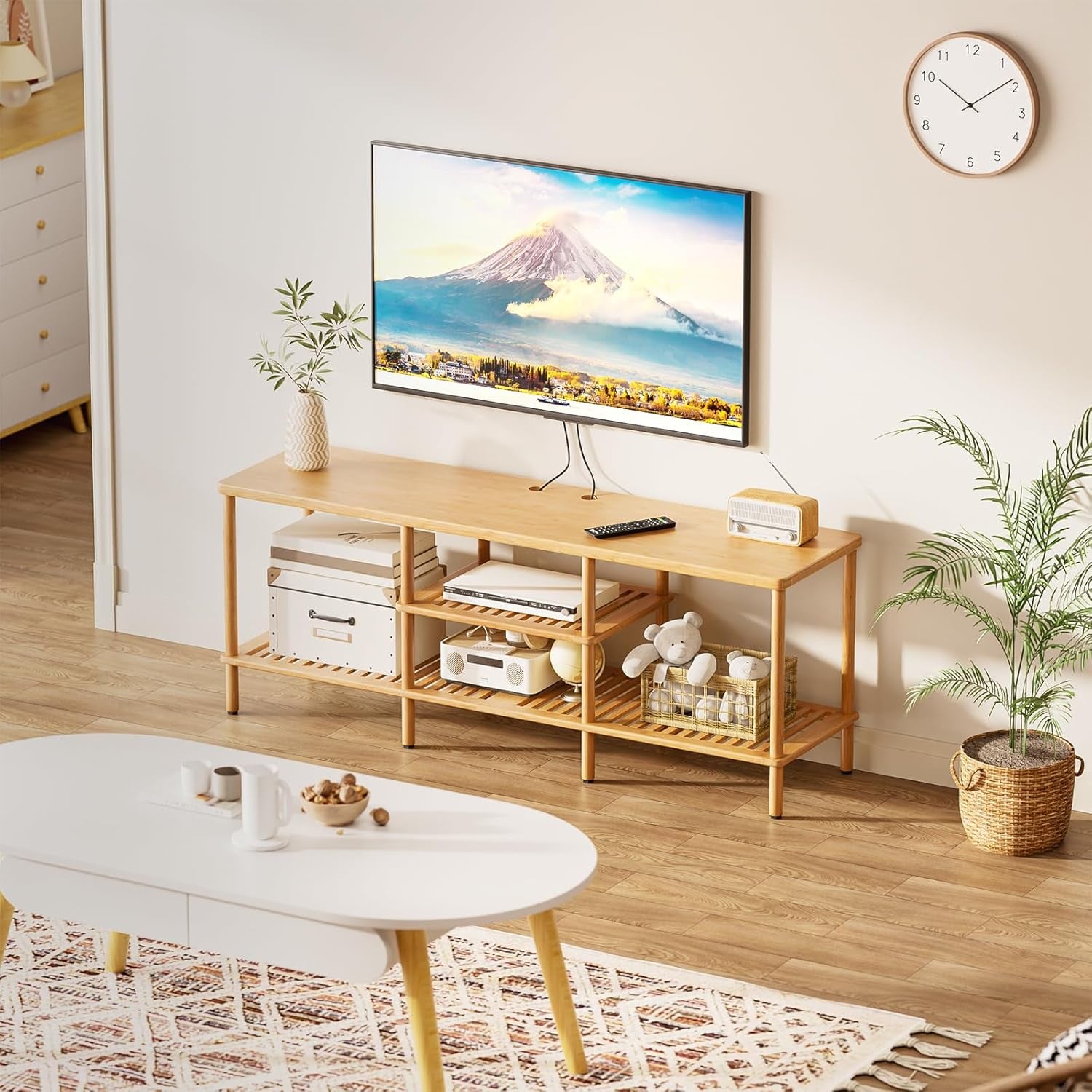 Bamboo TV Stand for 60 65 Inch TV, Entertainment Center with 3 Tier Open Storage Shelf, Wood TV Table for Living Room, Bedroom
