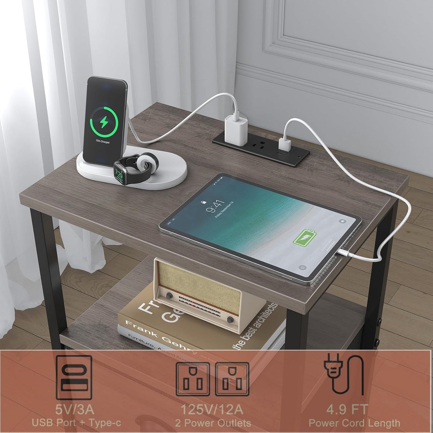 Nightstand with Charging Station, LED Night Stand Set of 2, Bedside Table End Table with Drawer, Bedroom Tables with 2 Fabric Drawers, 3-Tier Storage Side Table for Bedroom,Grey