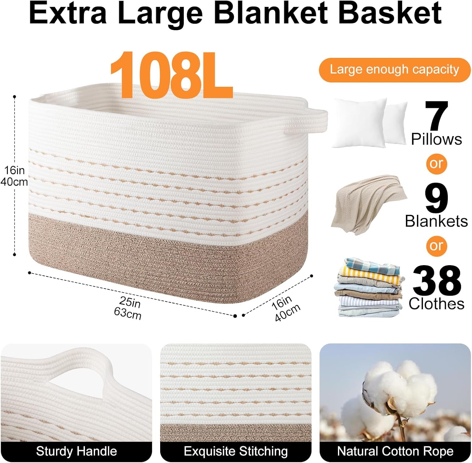 108L Extra Large Blanket Basket, 25”X16”X16” Rectangle Woven Cotton Rope Baskets for for Living Room, Toy Storage with Handle- Gradient Light Brown