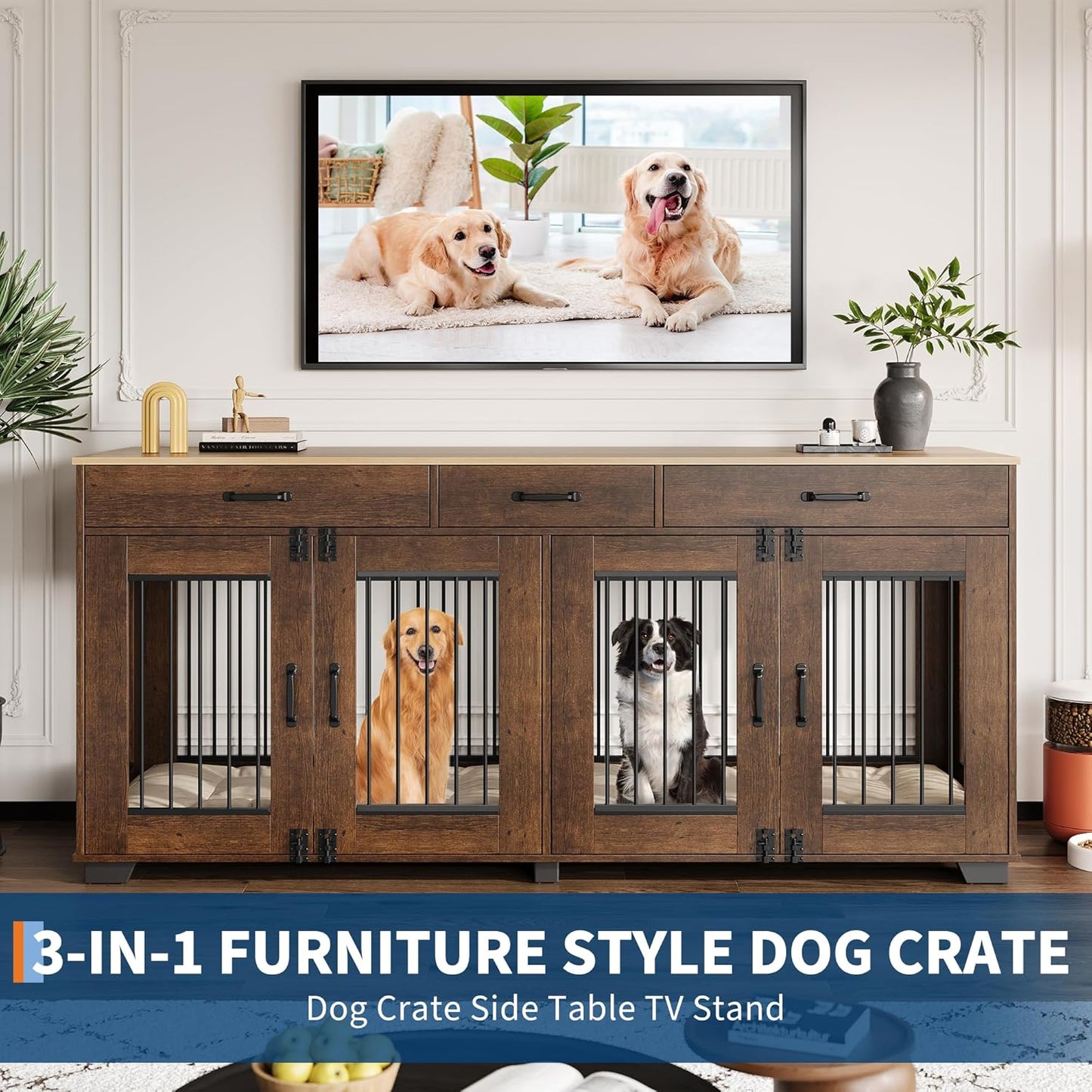 71 Inch Dog Crate Furniture for 2 Rooms, Wooden Double Crate Large Breed with Door, Dog Kennel Indoor, TV Stand End Table with Divider for Large Medium Dogs,Brown