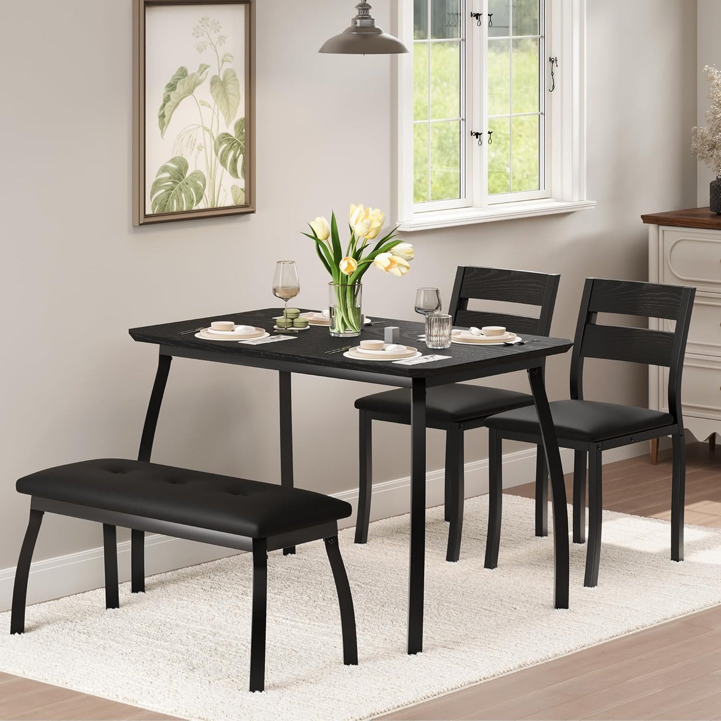 43'' Dining Table Set for 4, Wooden Kitchen Table with Upholstered Bench & 2 Cushion Chairs, Industrial Dinette Set for Studio, Kitchen, Dining Room, Apartment, Black