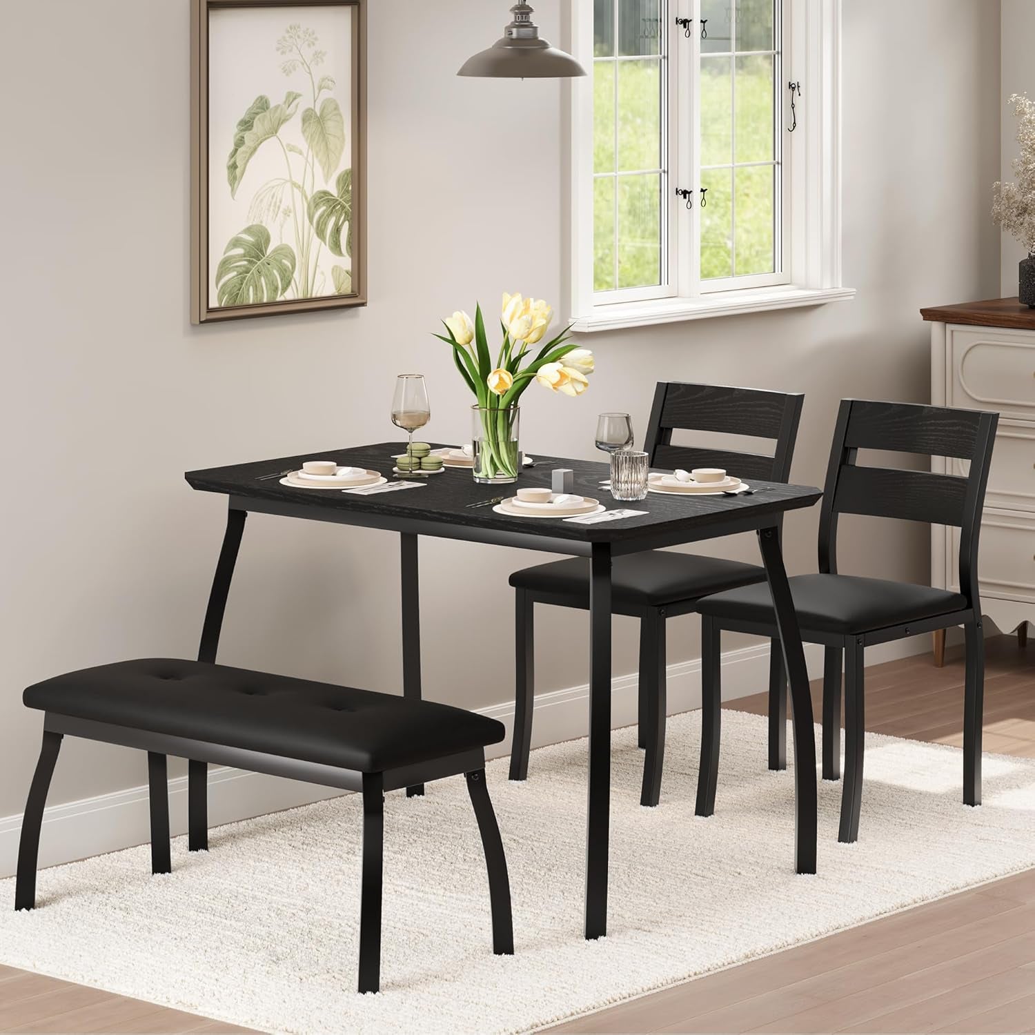 43'' Dining Table Set for 4, Wooden Kitchen Table with Upholstered Bench & 2 Cushion Chairs, Industrial Dinette Set for Studio, Kitchen, Dining Room, Apartment, Black