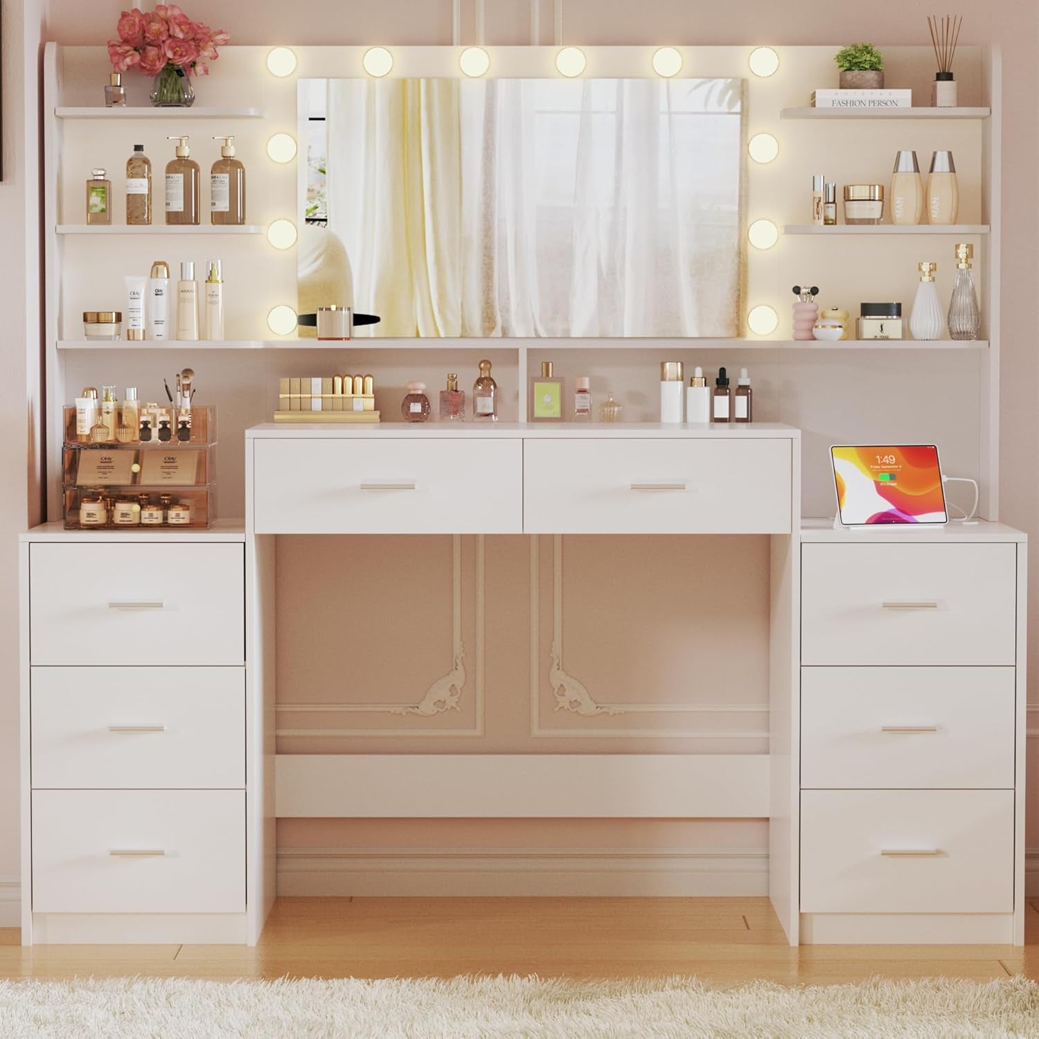 Large Vanity Desk with Mirror & Lights, White Makeup Vanity with 8 Drawers & 6 Storage Shelves, Vanity Set with LED Lights and Power Outlet, 3 Lighting Modes, Adjustable Brightness
