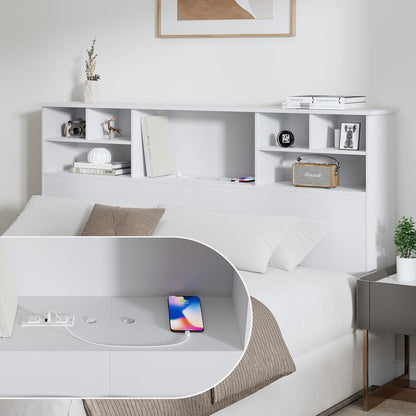 White wood bookcase headboard with charging station and LED lights, view 5