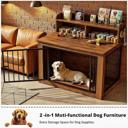 Extra Large Dog Crate Furniture, 43.3 Inches Wooden Dog Crate with Storage and 4 Hooks, Heavy Duty Pet Crate for Large Dog, Decorative Pet Cage for Indoor (30" L X 43.3" W X 41.1" H)
