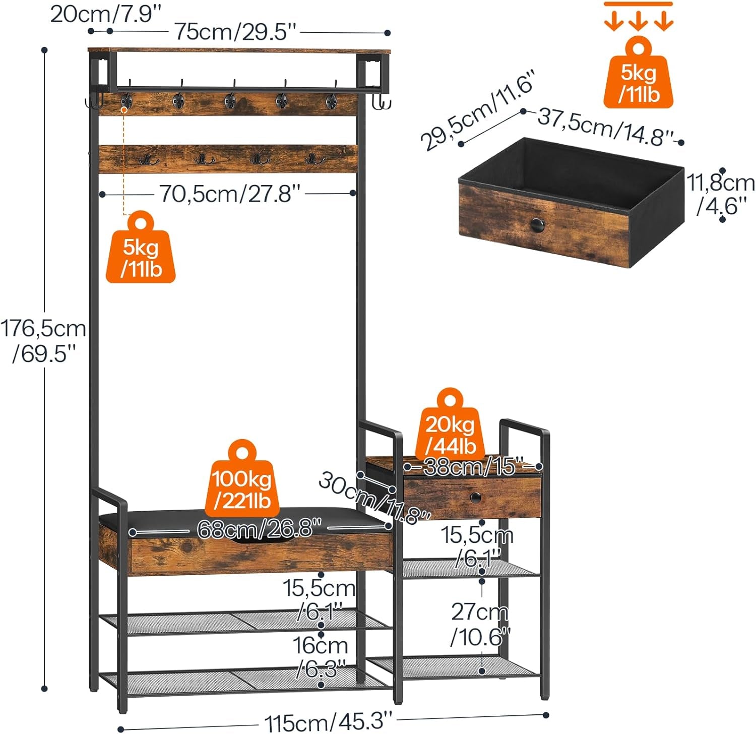 Hall Tree with Bench, Shoe and Coat Rack for Entryway, Coat Rack with Bench, Flip Top Storage Box, PU Cushioned Seat, Non-Woven Fabric Drawer, for Entrance, Rustic Brown and Black BF110MT01