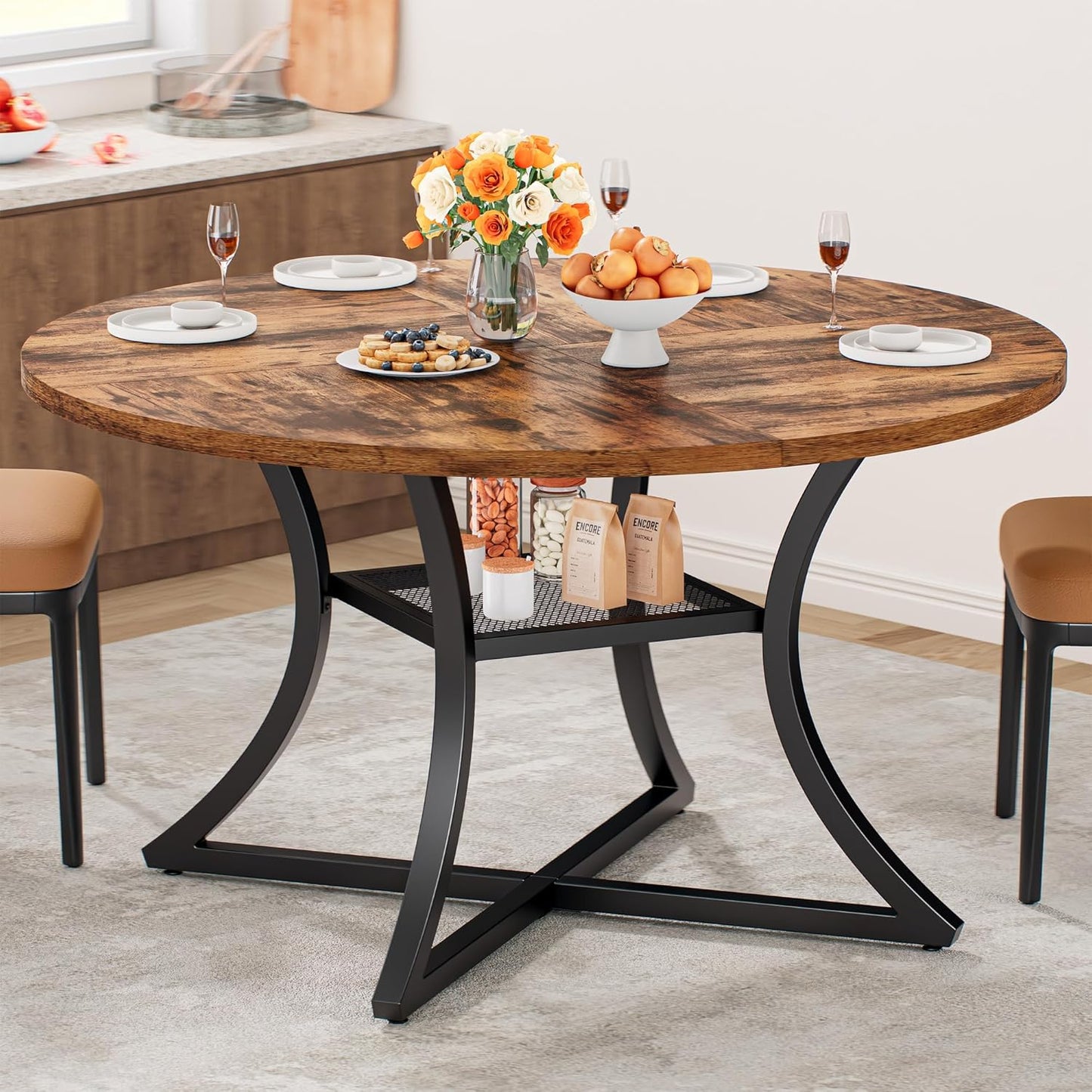 47.2" round Dining Table for 4, Wood Kitchen Table with Storage Shelf for Dining Room, Dinner Table with Wooden Tabletop and Metal Base, Rustic Brown