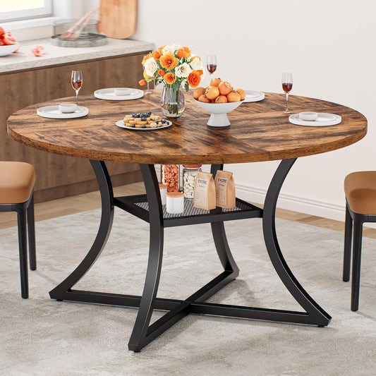 47.2" round Dining Table for 4, Wood Kitchen Table with Storage Shelf for Dining Room, Dinner Table with Wooden Tabletop and Metal Base, Rustic Brown